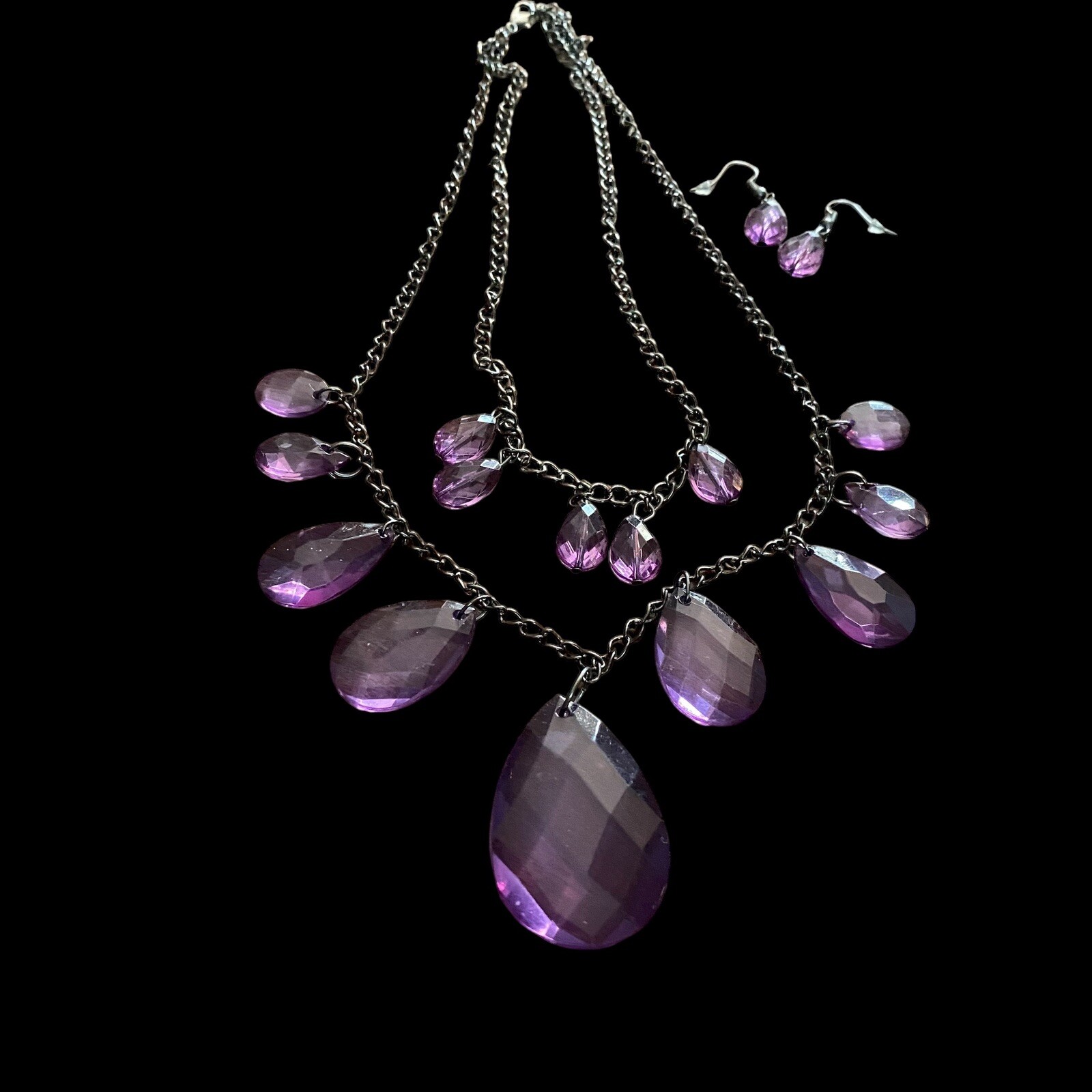Lucite Acrylic Purple Faceted Beaded Bead Necklace Pierced Earring Set