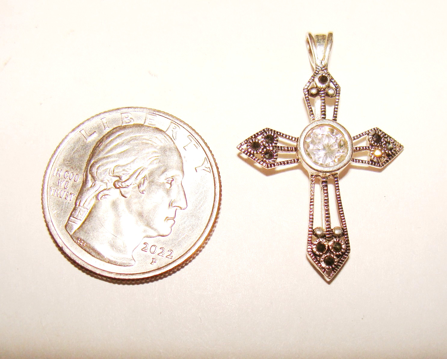 Silver Plated Mark 925 Cross Marcasite Interchangeable 7 Colors CZ 18″ Necklace
