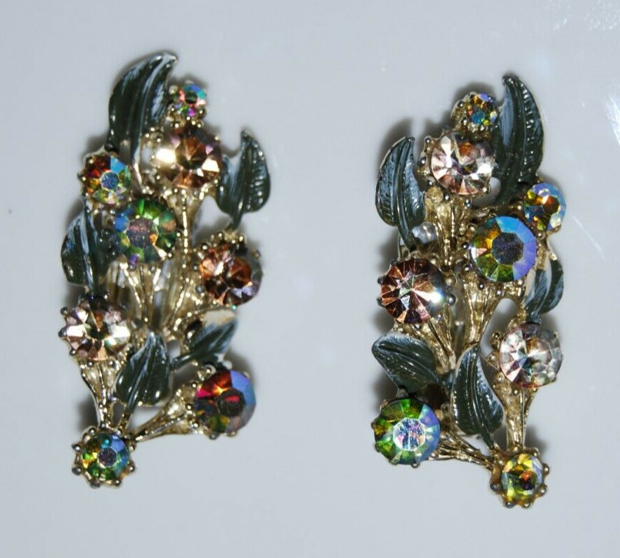 Elegant Vtg MCM Couture Enamel & Crystals Rhinestones Ear Climbers Clip Earrings