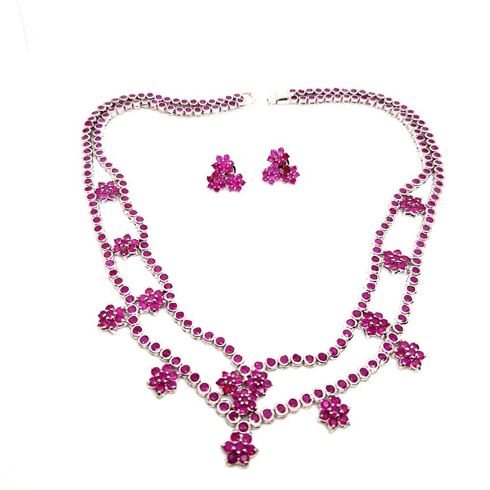 Necklace set Ruby simulated 18K White Gold Filled Flower bridal gems VTG look A