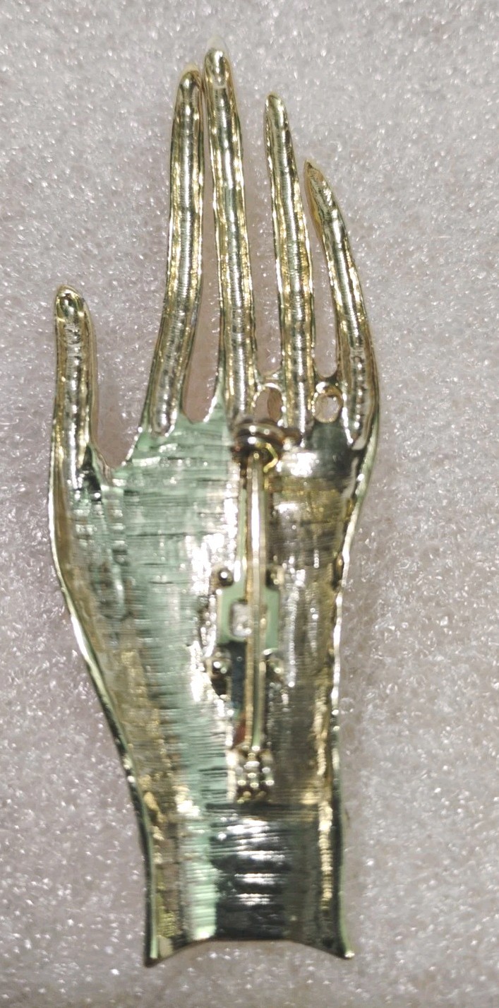 HAND WITH CRYSTAL RING AND BRACELET BROOCH PIN VINTAGE Gold Color METAL