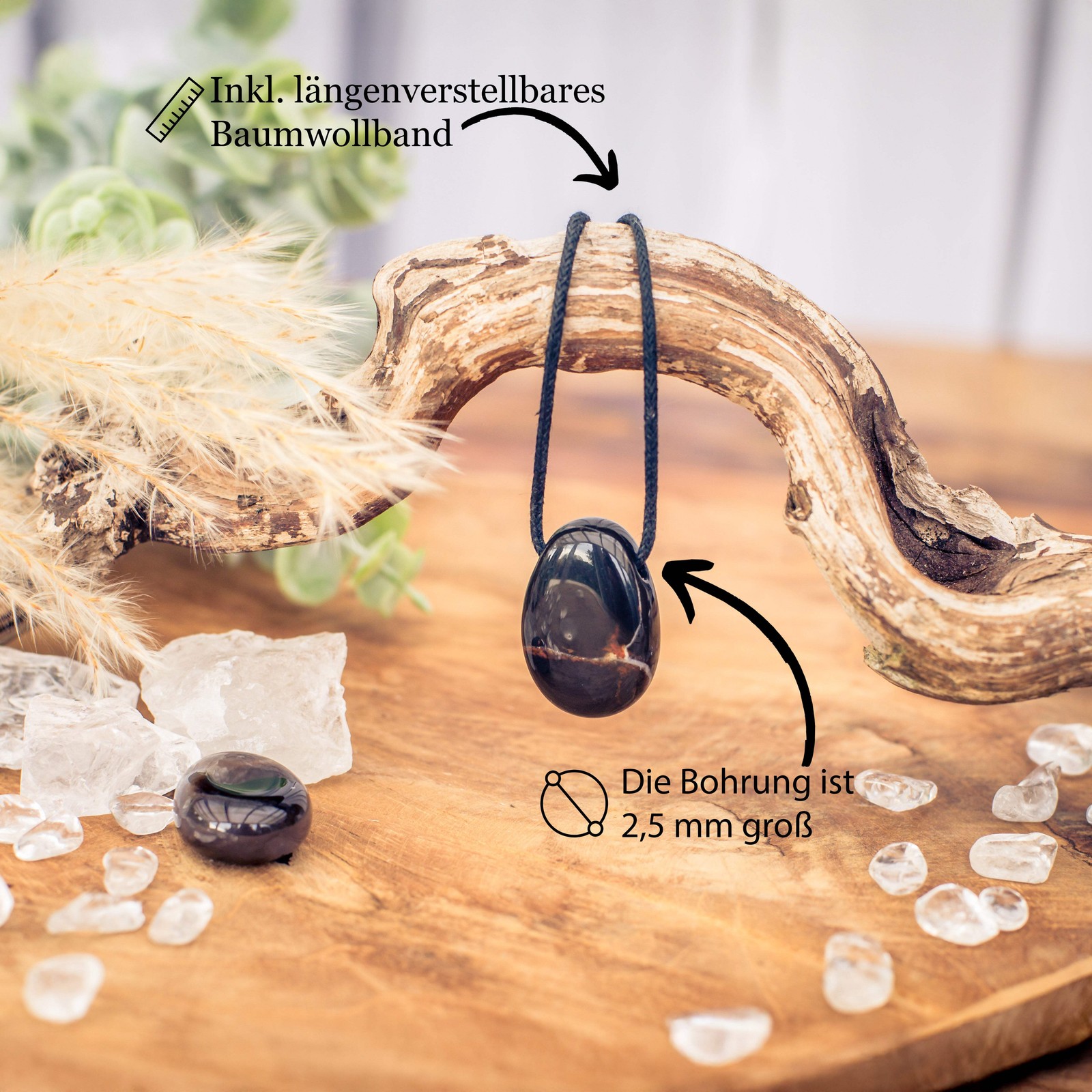 Onyx schwarz Anhänger MIT Lederband Lochstein Tropfen Trommelstein Edelstein
