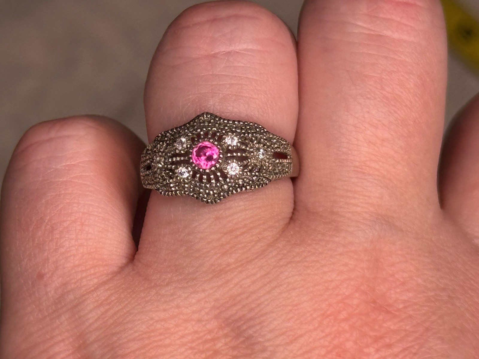Vtg Sterling Silver Filigree Ring With Ruby & CZ Accents Size 7.75