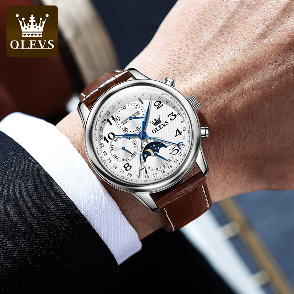 OLEVS Automatic Mechanical Watch Men’s Moon Phase Waterproof Leather Men Strap