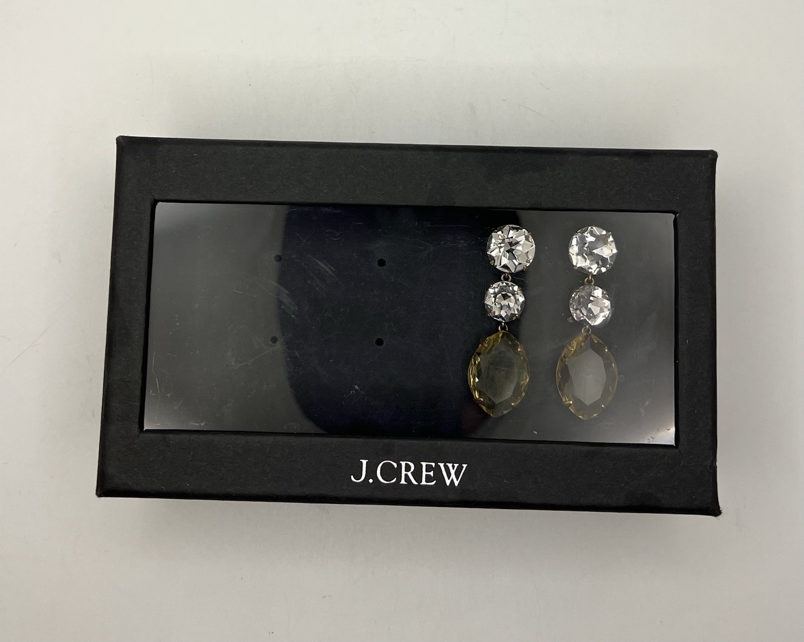 J. Crew Triple Crystal Drop Pierced Earrings Yellow & Clear Set In Gold Tone