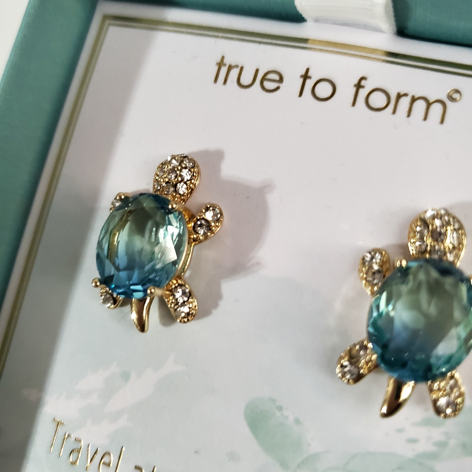 Crystal Turtle Jewelry SET Earrings Necklace Set Hand Cut Teal Stone NEW IN BOX