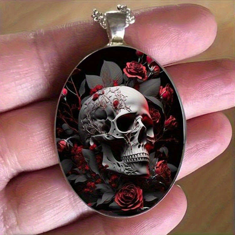 Skull Roses Oval Jewelry Vintage-Silvery Skeleton Gothic Pendant Necklace