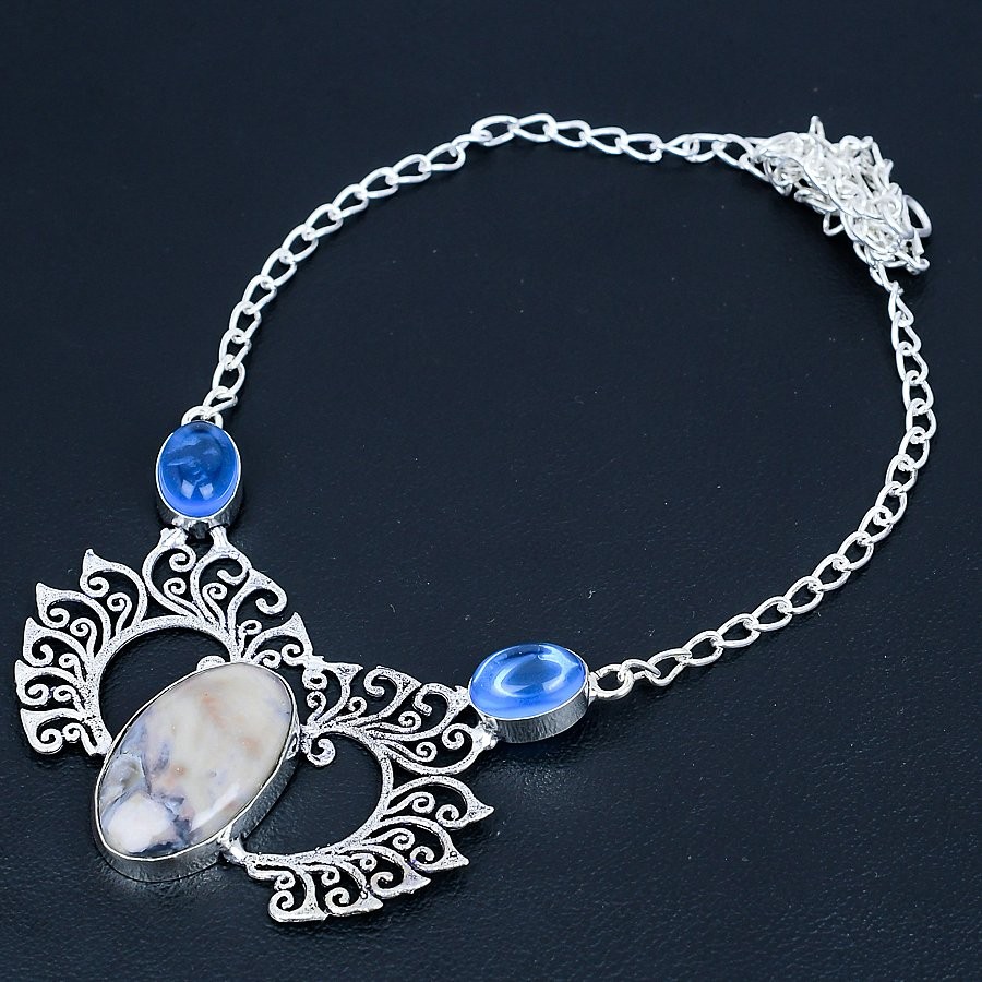 Ocean Fume Agate, Blue Topaz 925 Sterling Silver Necklace 18″