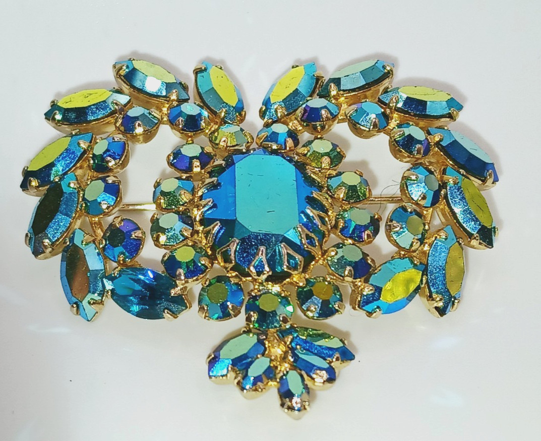 Vintage Sherman gold tone AB aqua yellow pink rhinestone brooch