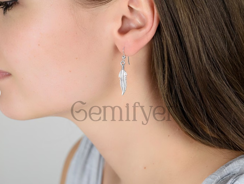 925 Sterling Silver Double Feather Dangle Handmade Earrings For Women