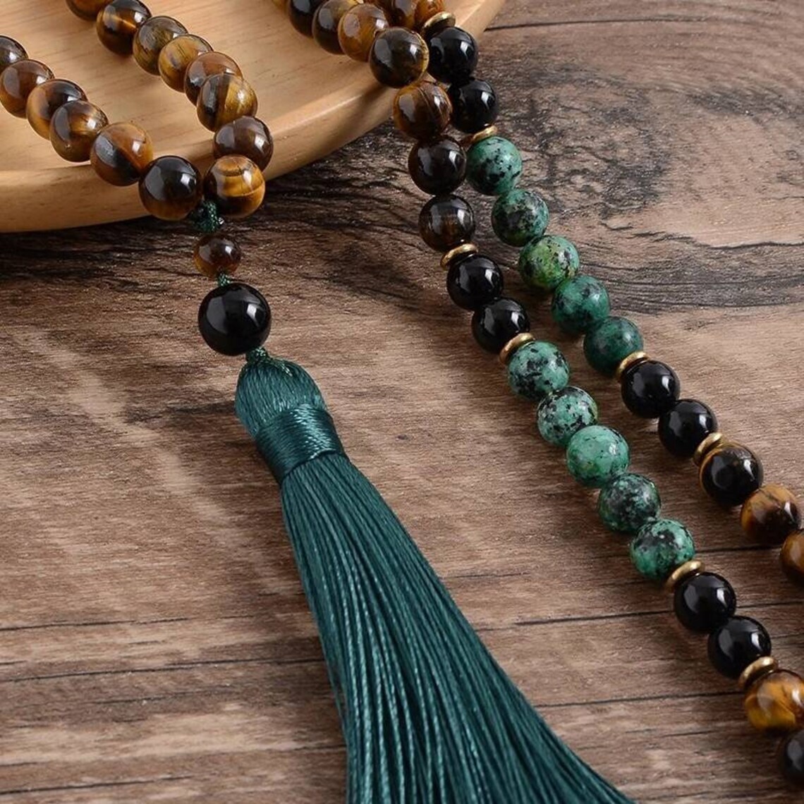 108 Mala Beads African Turquoise Obsidian Tiger’s Eye Tassel Necklace Handmade