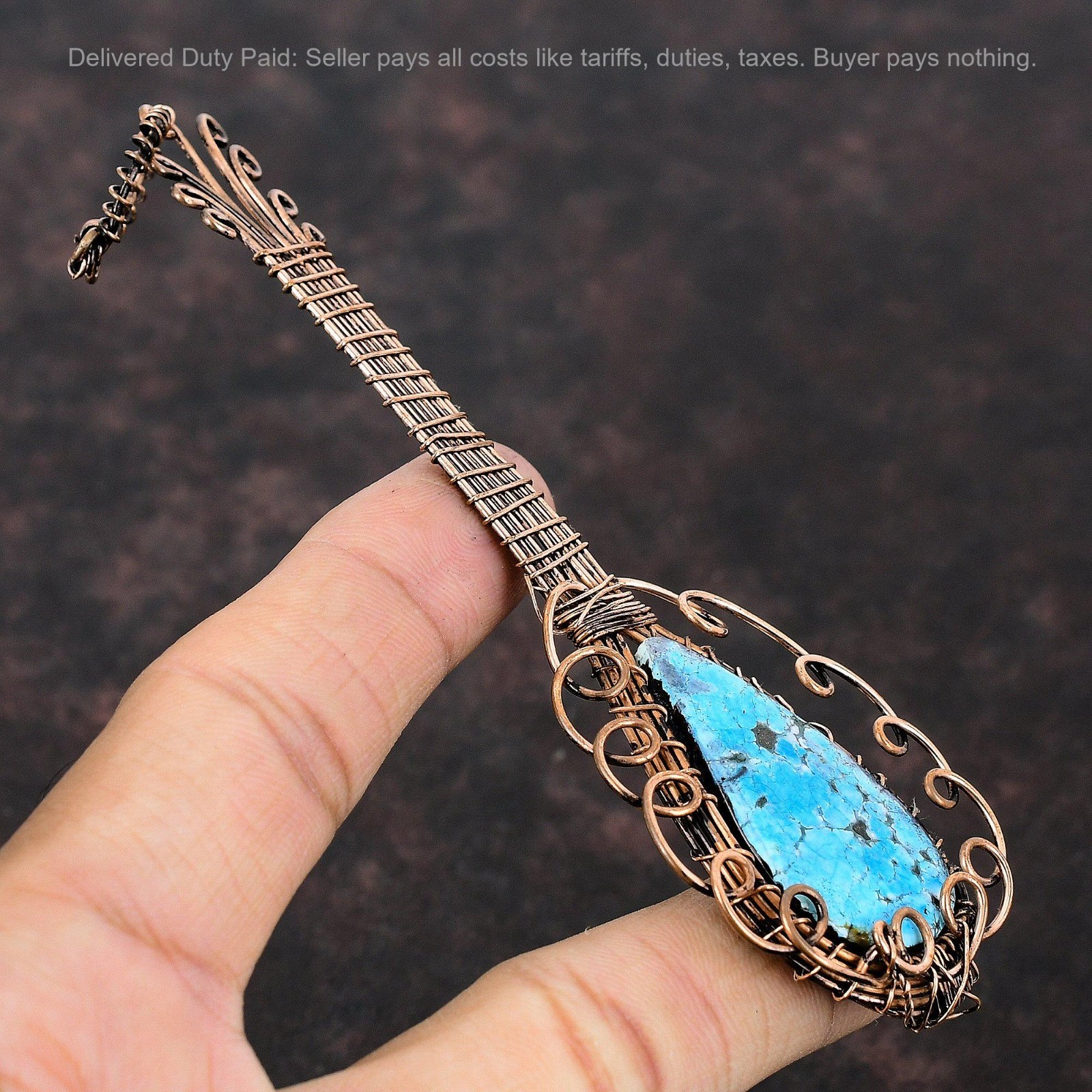 Pear Tibetan Turquoise Stone Copper Wire Wrapped Guitar Throat Chakra Pendant