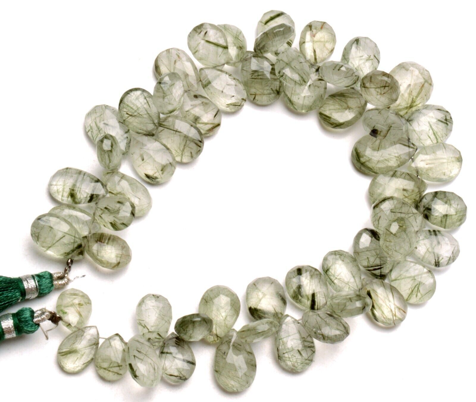 Natural Gem Green Rutile Quartz 11×8 to 15×10 mm Pear Cut Briolette 10″ Strand