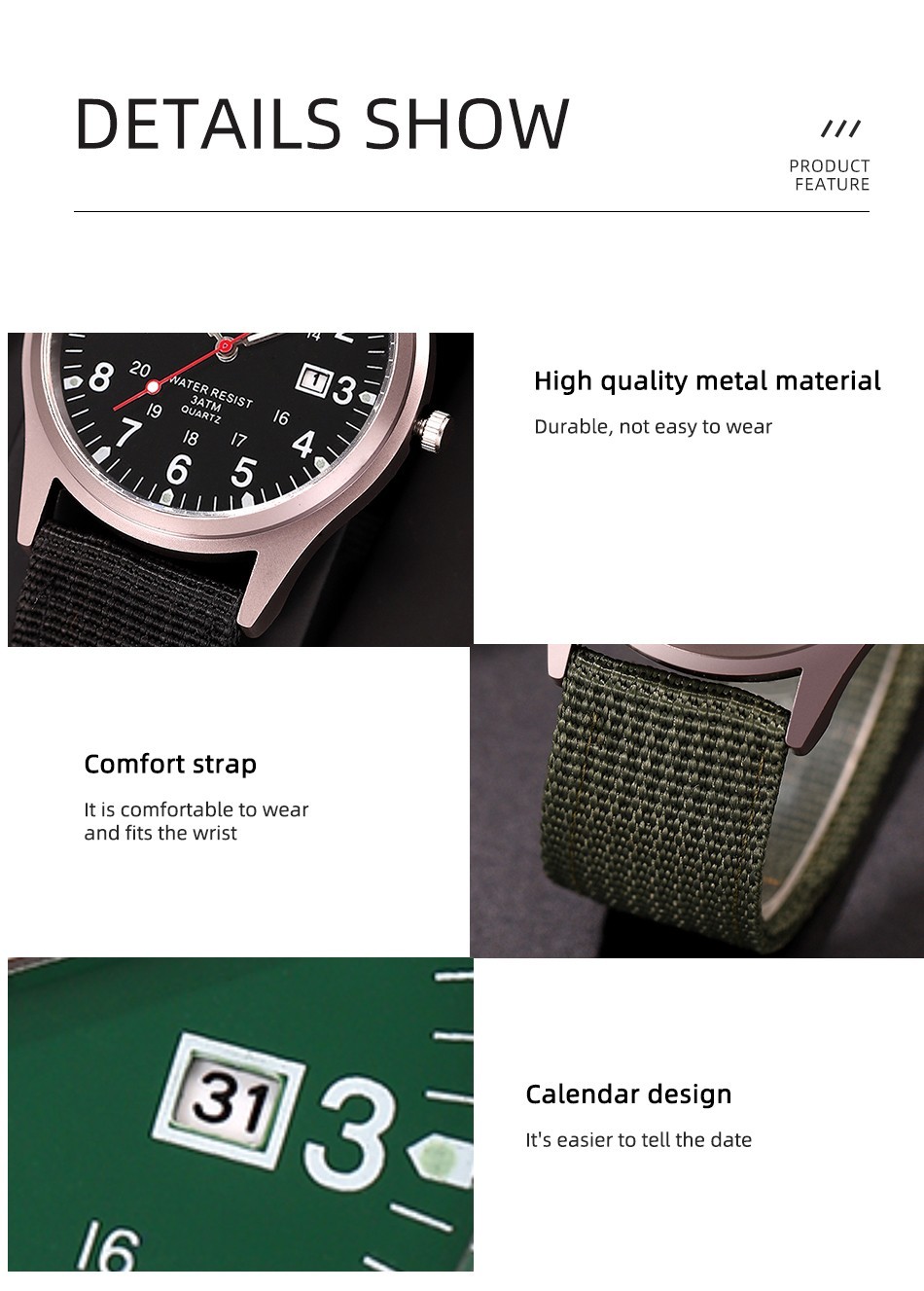 Men’s Military Army Luminous 24 Hours Dial Nylon Strap Date Quartz Wrist Watch