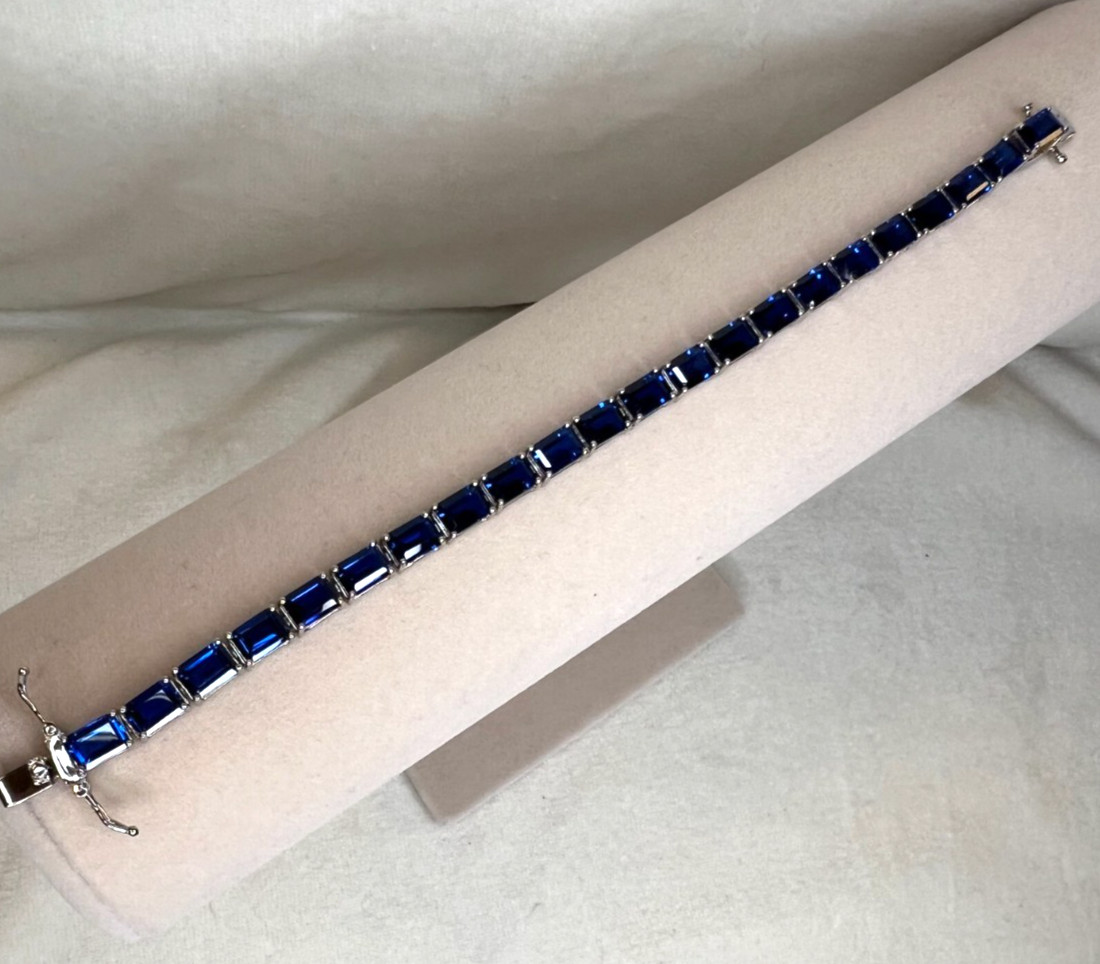 Blue Lab Created Spinel Rhodium / Sterling Silver 7.25″ tennis Bracelet 23.92ctw