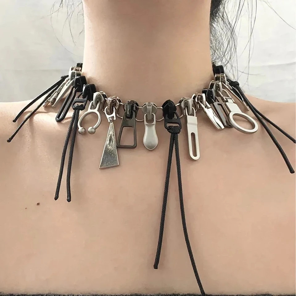Zipper Chain Necklace Fringe Geometric Punk Style Statement Unisex Jewelry