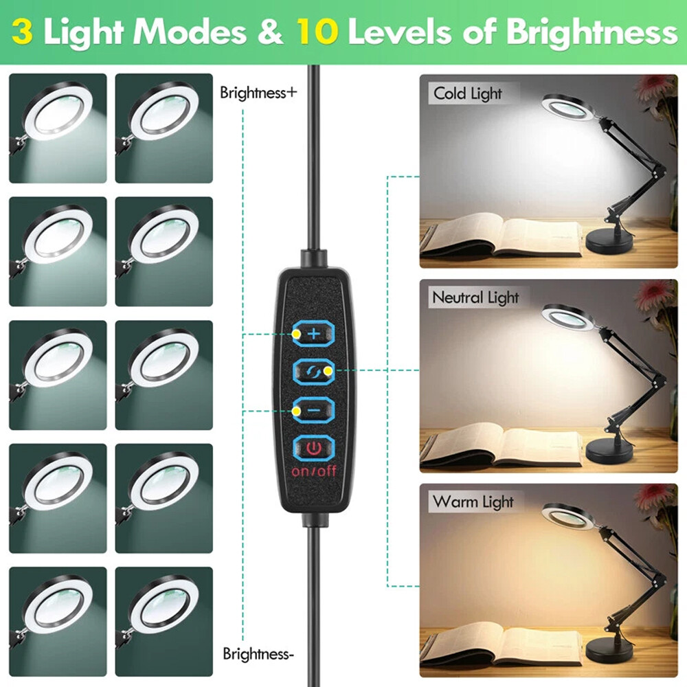 10X Magnifying Glass with Light and Stand, 2-in-1 LED Magnifier Desk Lamp for US