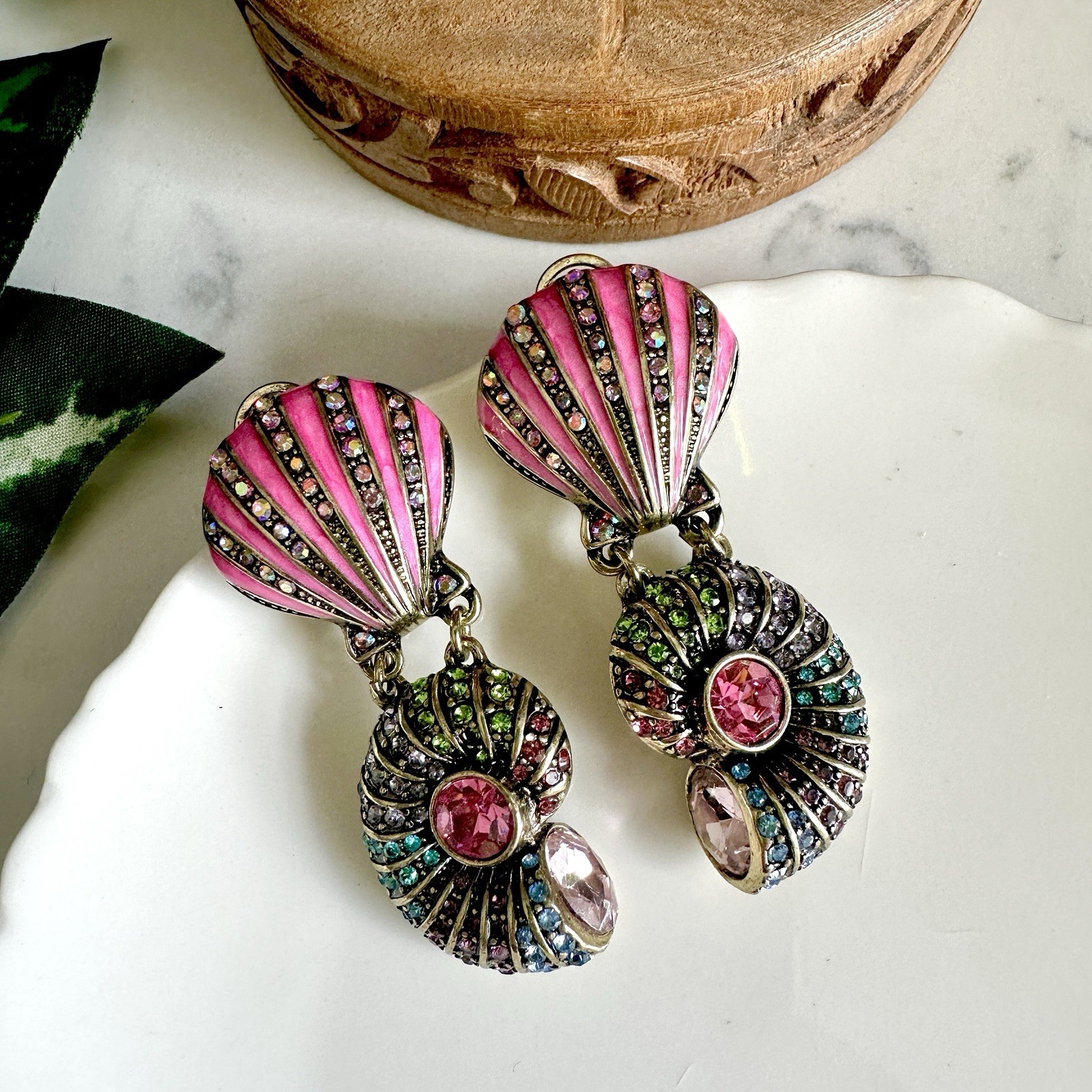 Pink Gold Rhinestone Conch Shell Earrings Mermaid Ocean Beach Gift Jewelry NEW