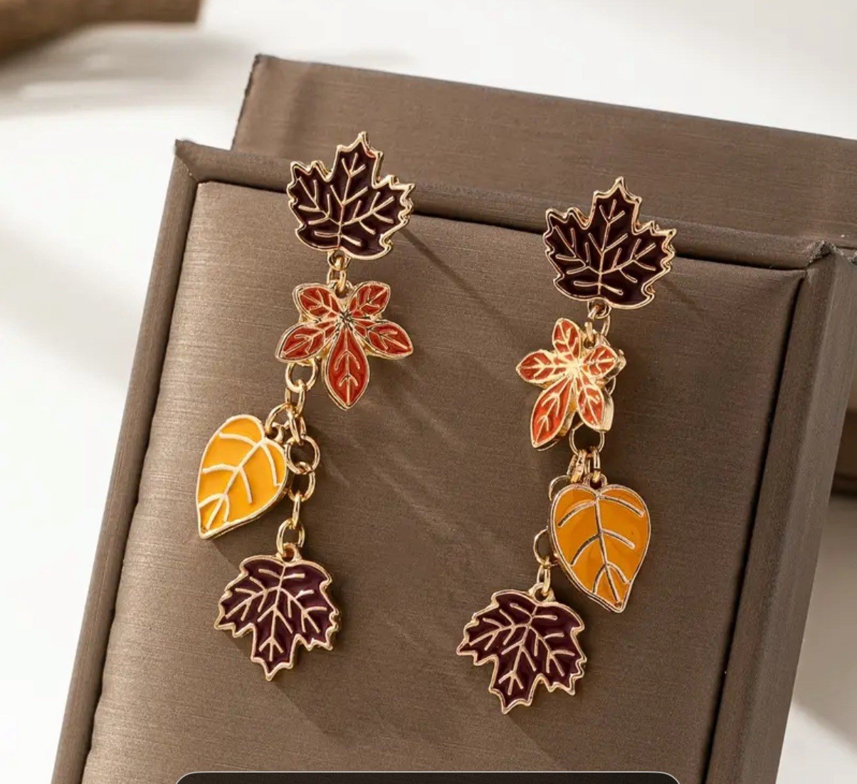 Autumn Fall Vintage Maple Leaf Golden Stud Drop Earrings Red Orange Brown Leaves