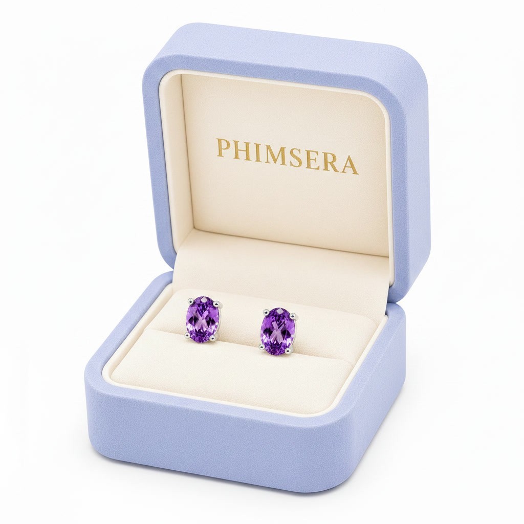 Natural 4x6mm Oval Amethyst Stud Earrings 925 Sterling Silver Platinum Plated