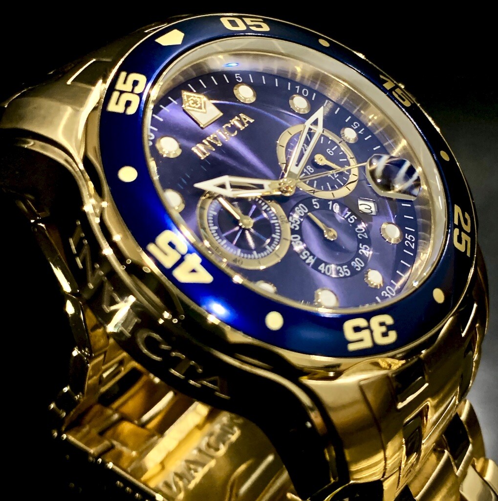 Invicta Mens PRO DIVER SCUBA Chronograph Blue Dial 18Kt Gold Plated Watch 0073