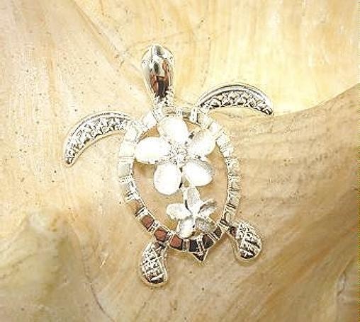 21.5MM SOLID 925 STERLING SILVER HAWAIIAN HONU SEA TURTLE PLUMERIA CZ PENDANT