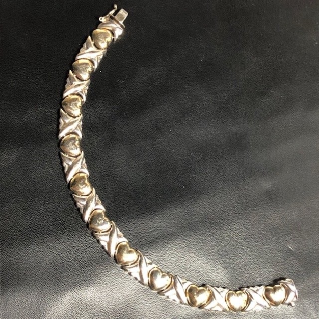 B0861 Sterling Silver 925 Heart Link Bracelet 2-Tone Hug kiss Design 7.5″ 15.7g