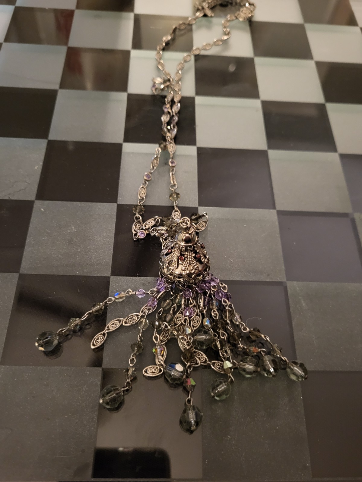 Vintage Sorrelli Smokey Gray Lavander Crystal Long Tassel Pendent Necklace