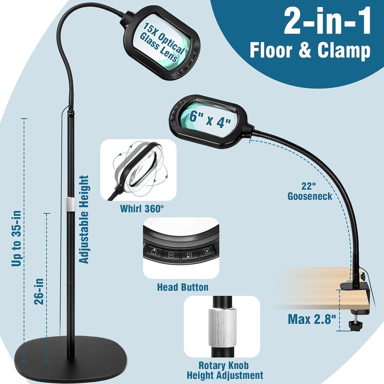 Large Magnifying Glass with Light and Stand, 10X Rectangle Optical Real Glass L