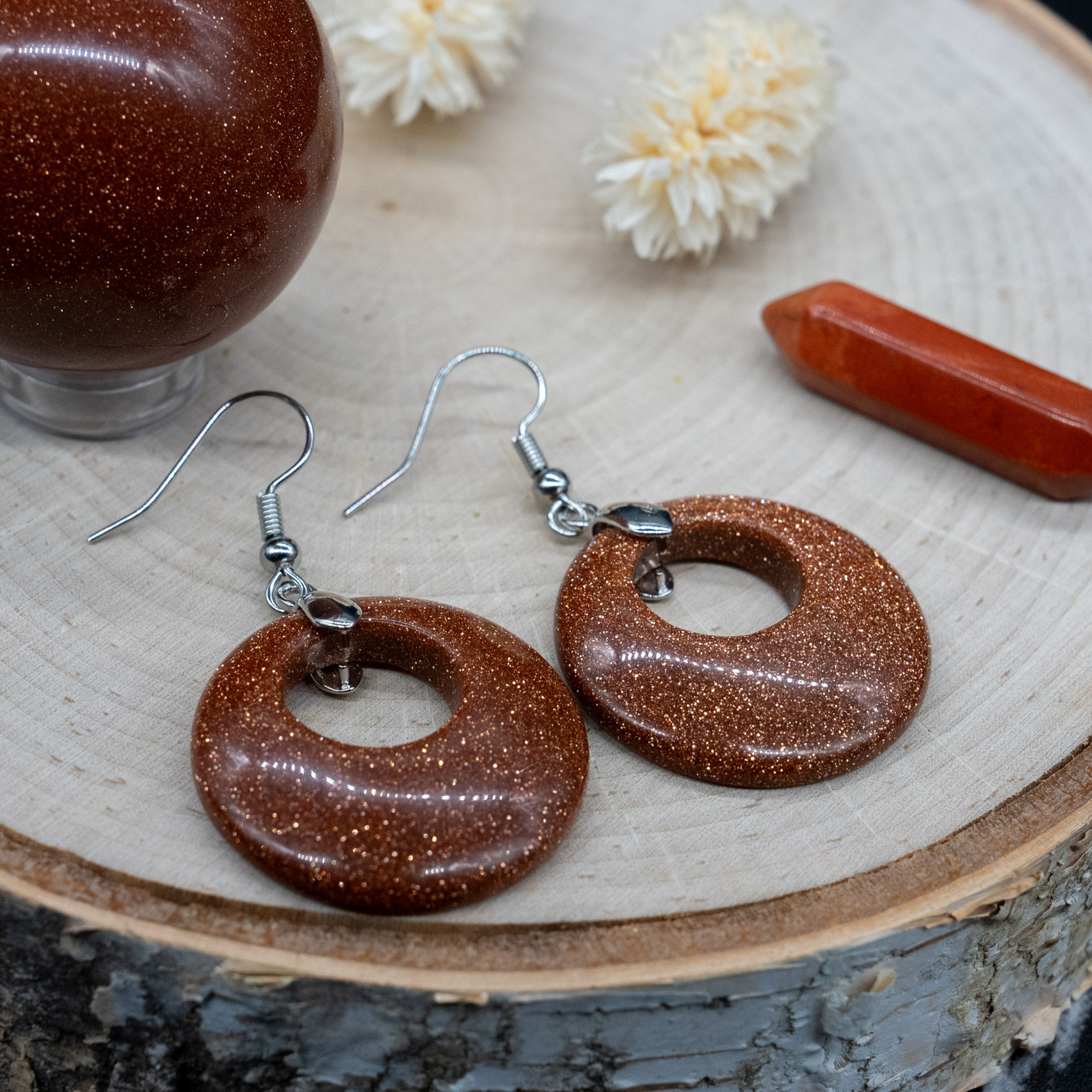 Goldstone Crystal Earrings Gold Sandstone Circle Silver Womens Jewelry Gold Gift