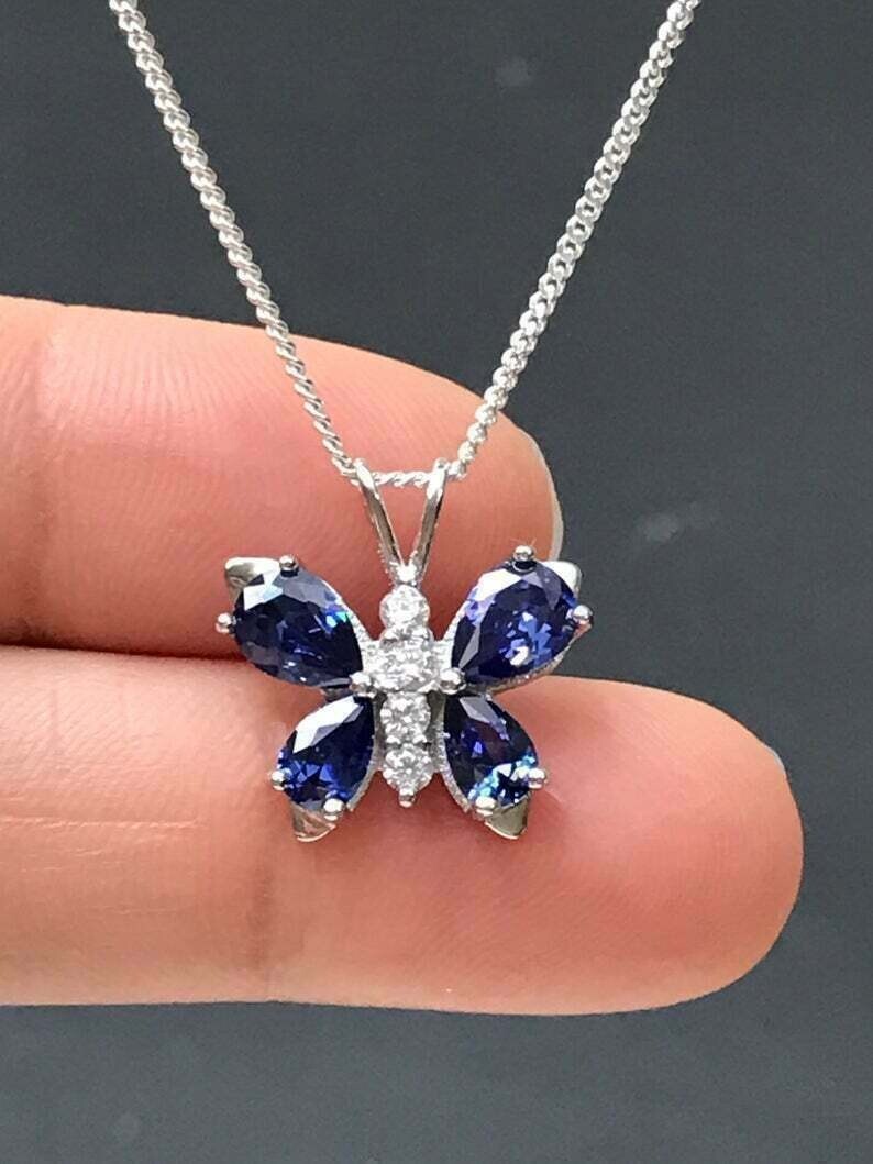 3Ct Pear Cut Blue Sapphire Butterfly Pendant 14K White Gold Finish Free Chain