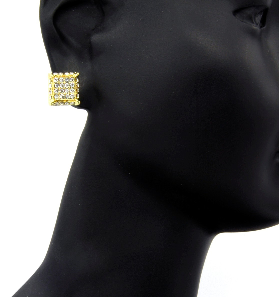 Mens Gold Plated Clear Cubic-Zirconia Cube Hip Hop Micro Pave Stud Earrings