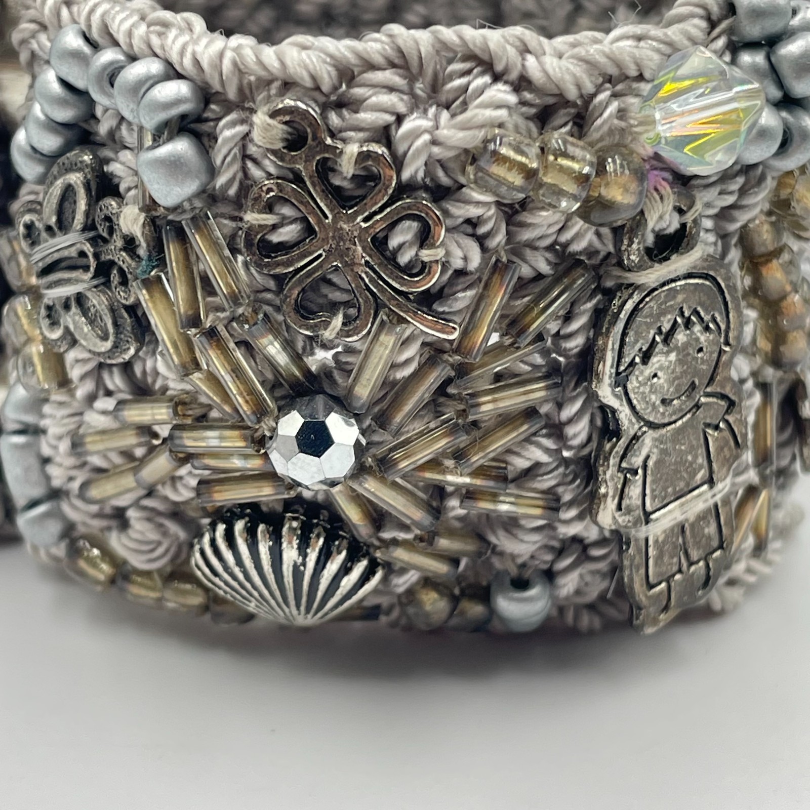 VTG Y2k Crochet Cuff Bracelet Grey Beaded Eclectic Charm Statement Wristband