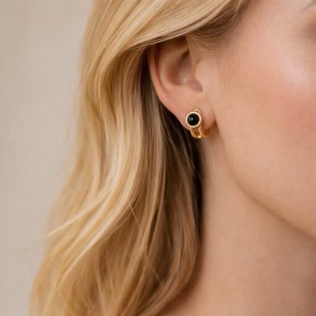 Black Onyx Huggie Earrings,Gold or Silver,Dainty Black Stone Earrings for women