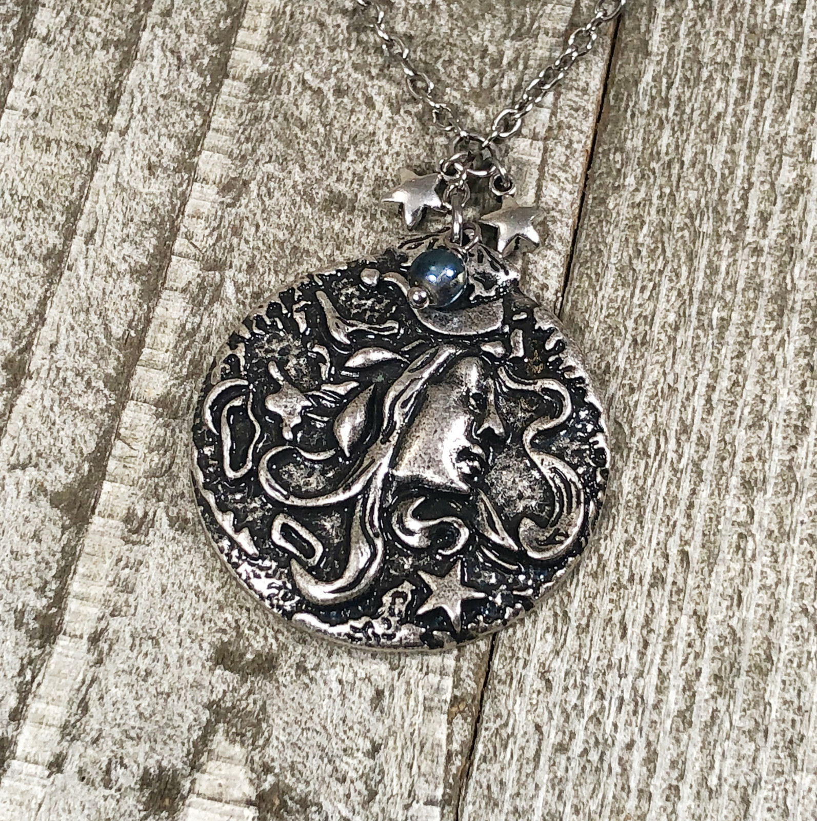 Art Nouveau Star Goddess Pendant with Sparkling Titanium Coated Quartz