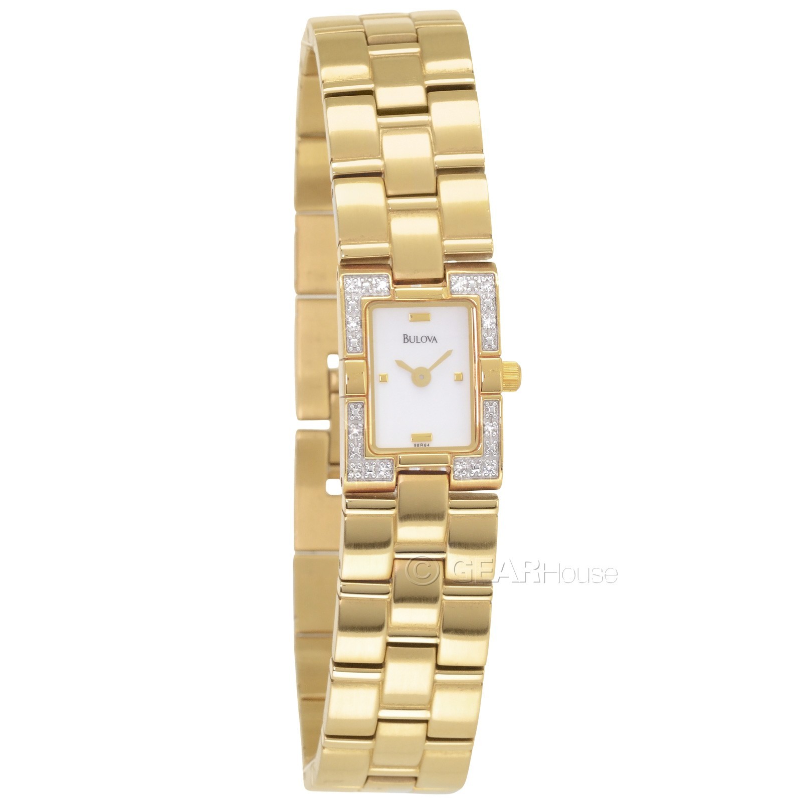 BULOVA Womens 12 Diamonds Dress Watch, White Dial, Gold Stainless Steel Band