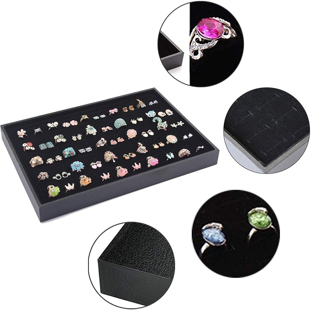 Jewelry Ring Display Organizer 100-Slots Tray Holder Earrings Black Box Case