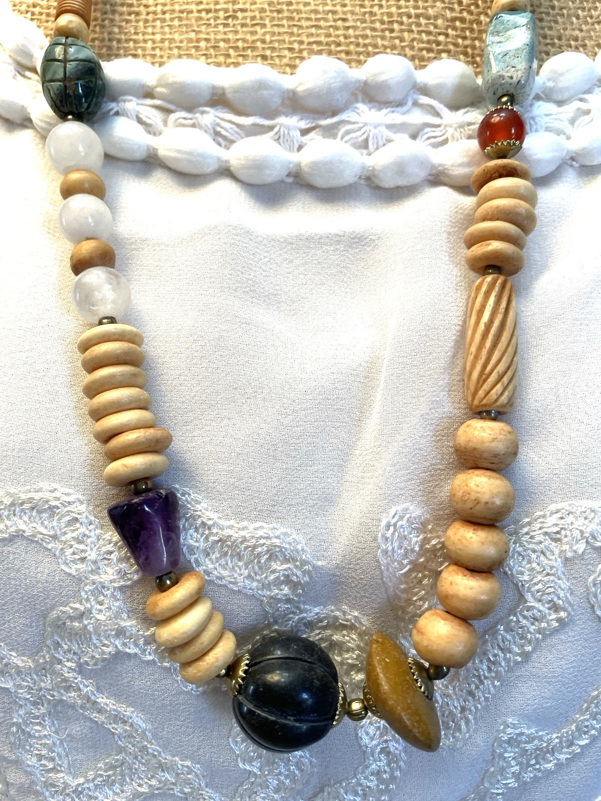 Ethnic Tribal Style Vtge 70’s Necklace Wood Bone Amazonite Nuggets Quartz Beads