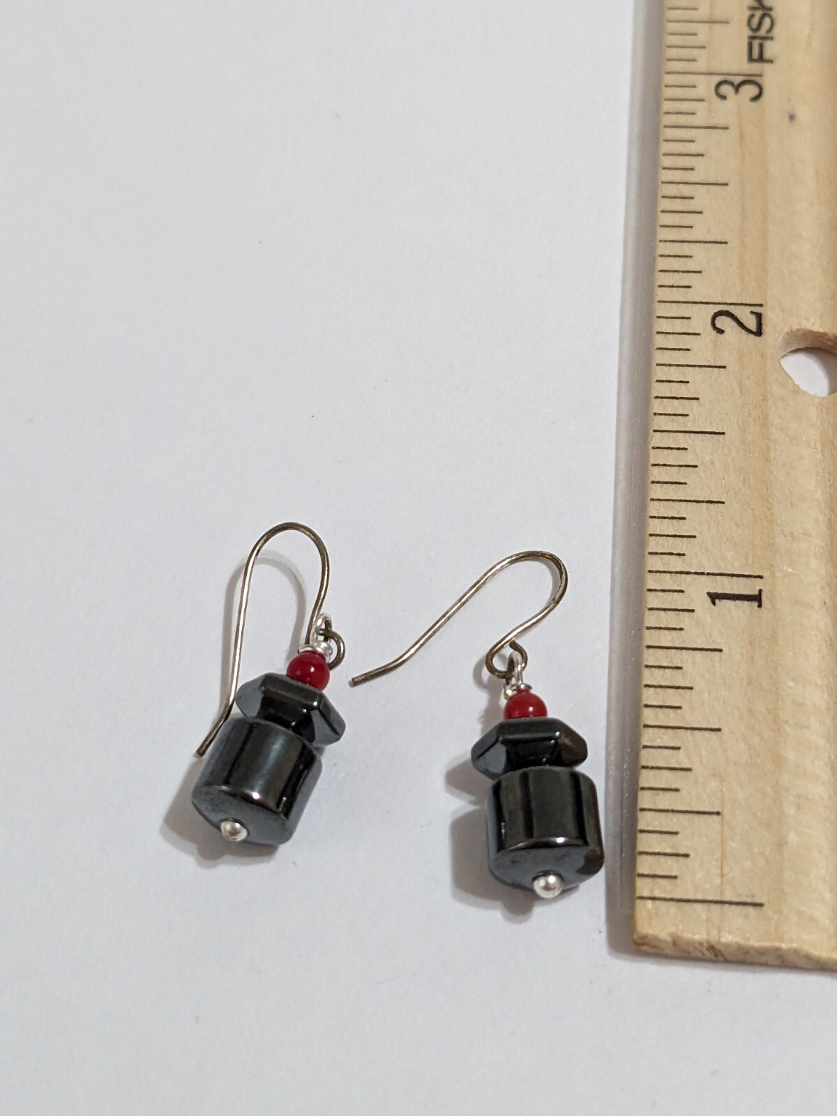 Silver Tone Hook Earrings With Black Hematite And Red Acrylic Beads. Modern. 1″