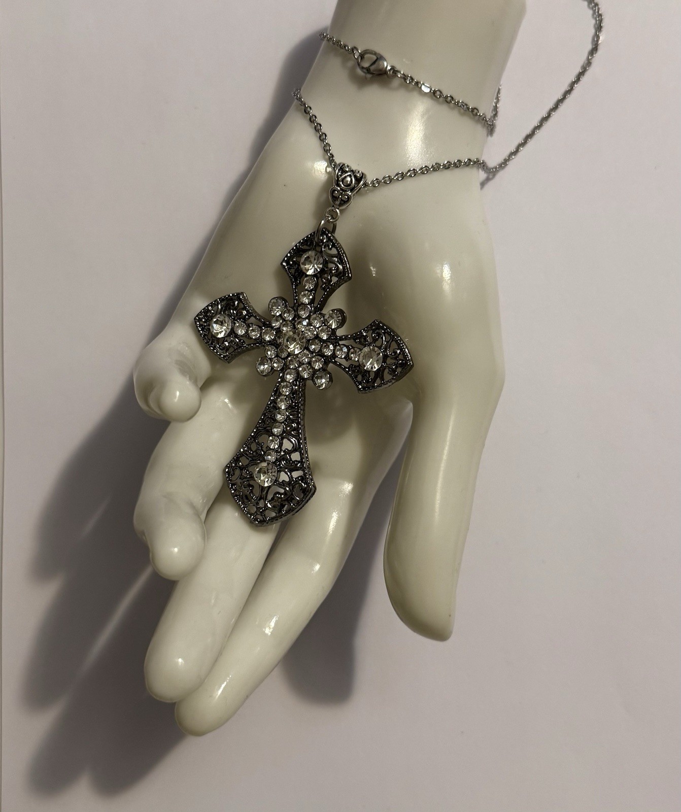 Cross Pendant Necklace Rhinestone Gothic Victorian Style Large New