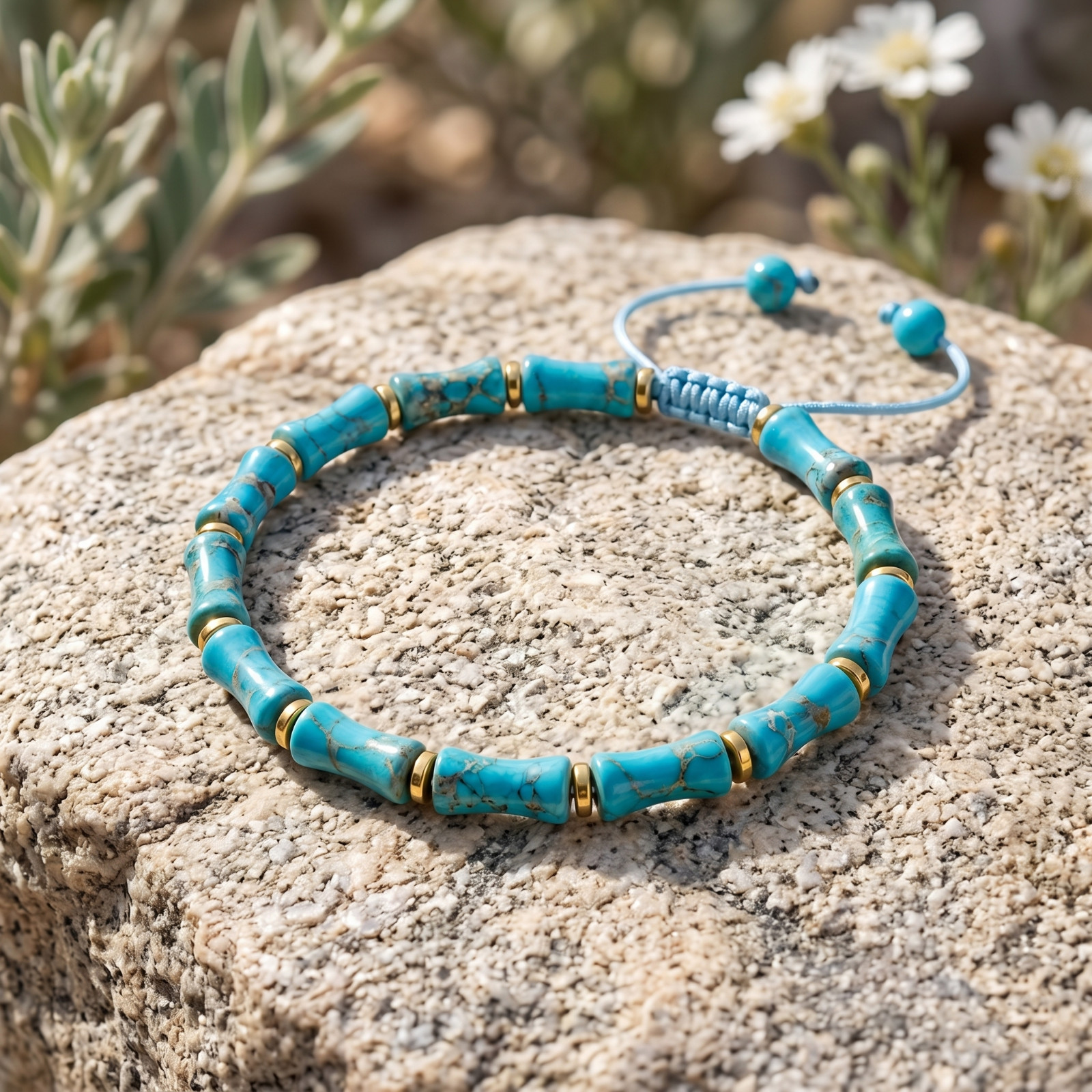 Natural Turquoise Bracelet Bamboo Bead Blue Gemstone Boho Jewelry Gift for Her