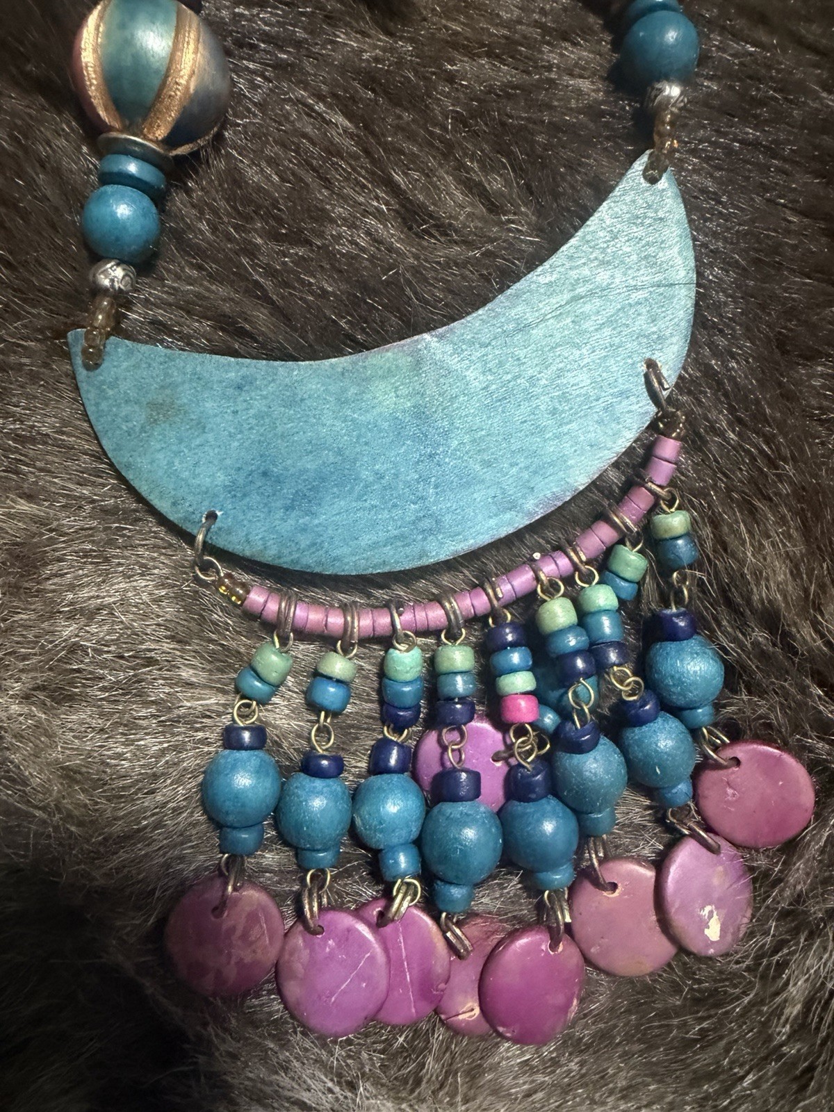 Multicolor Wood & Glass Beaded Bib Necklace Bohemian Crescent Pendant Hook