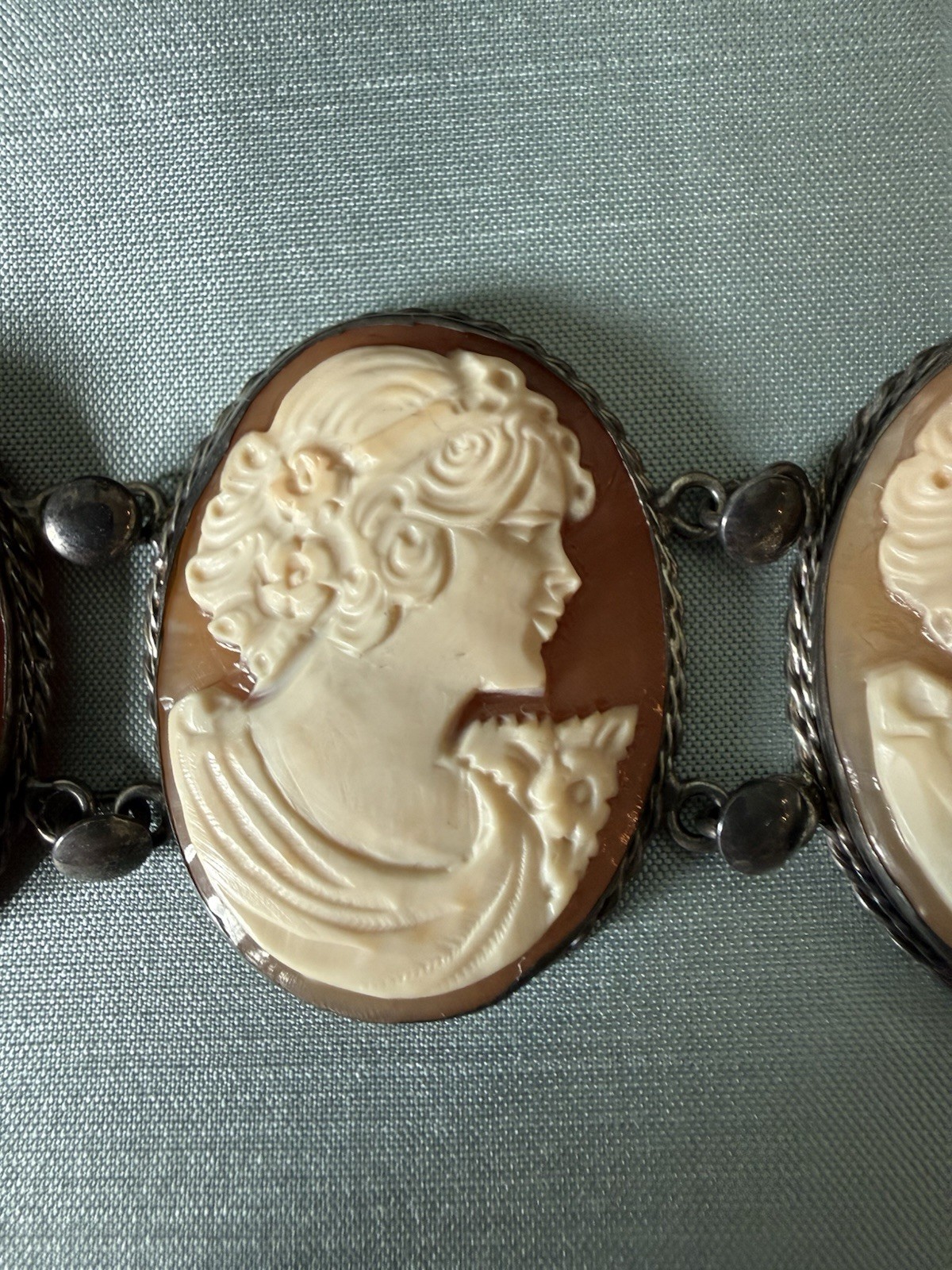 8 Inch Vintage￼Silver Cameo Bracelet, ￼ translucent Coral Color- 1.5 In Wide