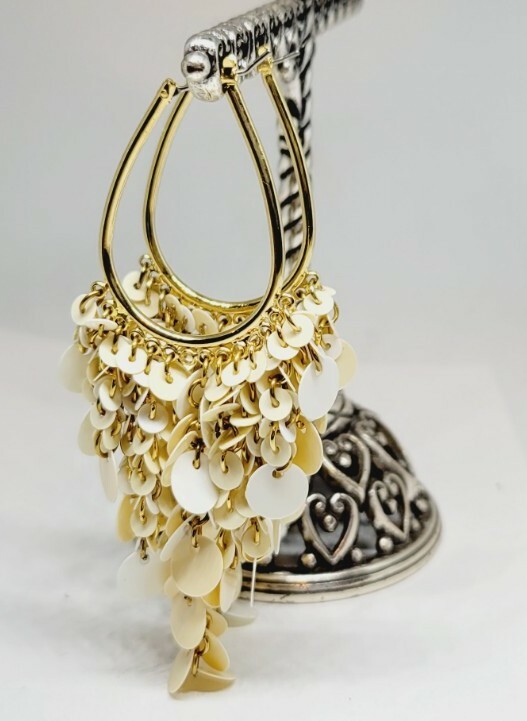 Gigi In Style Cream & White sequin Design OVAL Hoop Dangle Earrings 3.75 in Drop