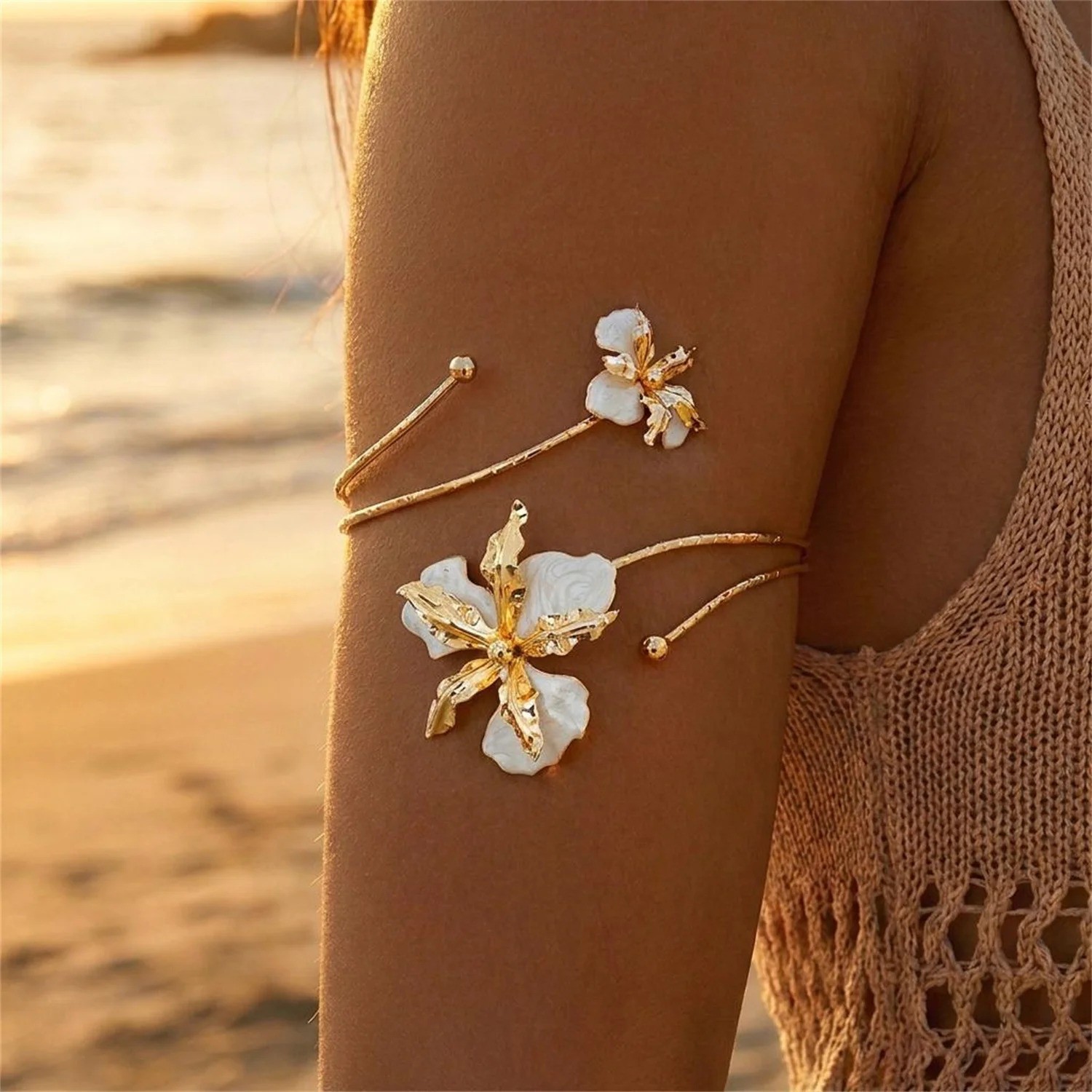 Adjustable Open Flower Bracelet Women Bangle Cuff Arm Jewelry Vintage Style