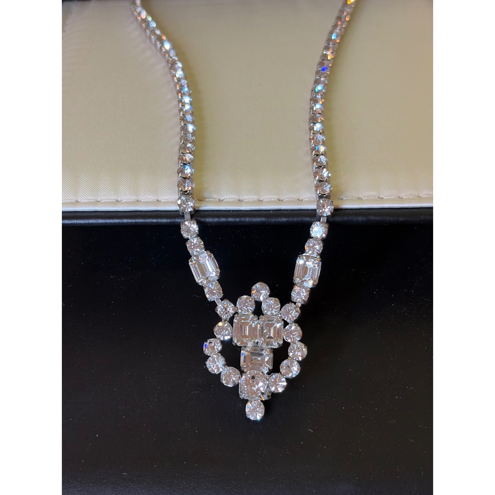 Vintage Silver Tone Rhinestone Choker Necklace Emerald Round Cut Bridal 15 Inch