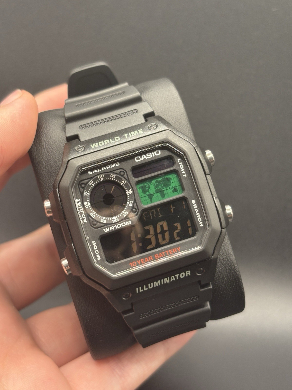 Custom Casio AE1200 Royale Mod Negative Display Green Map Black Stealth Watch