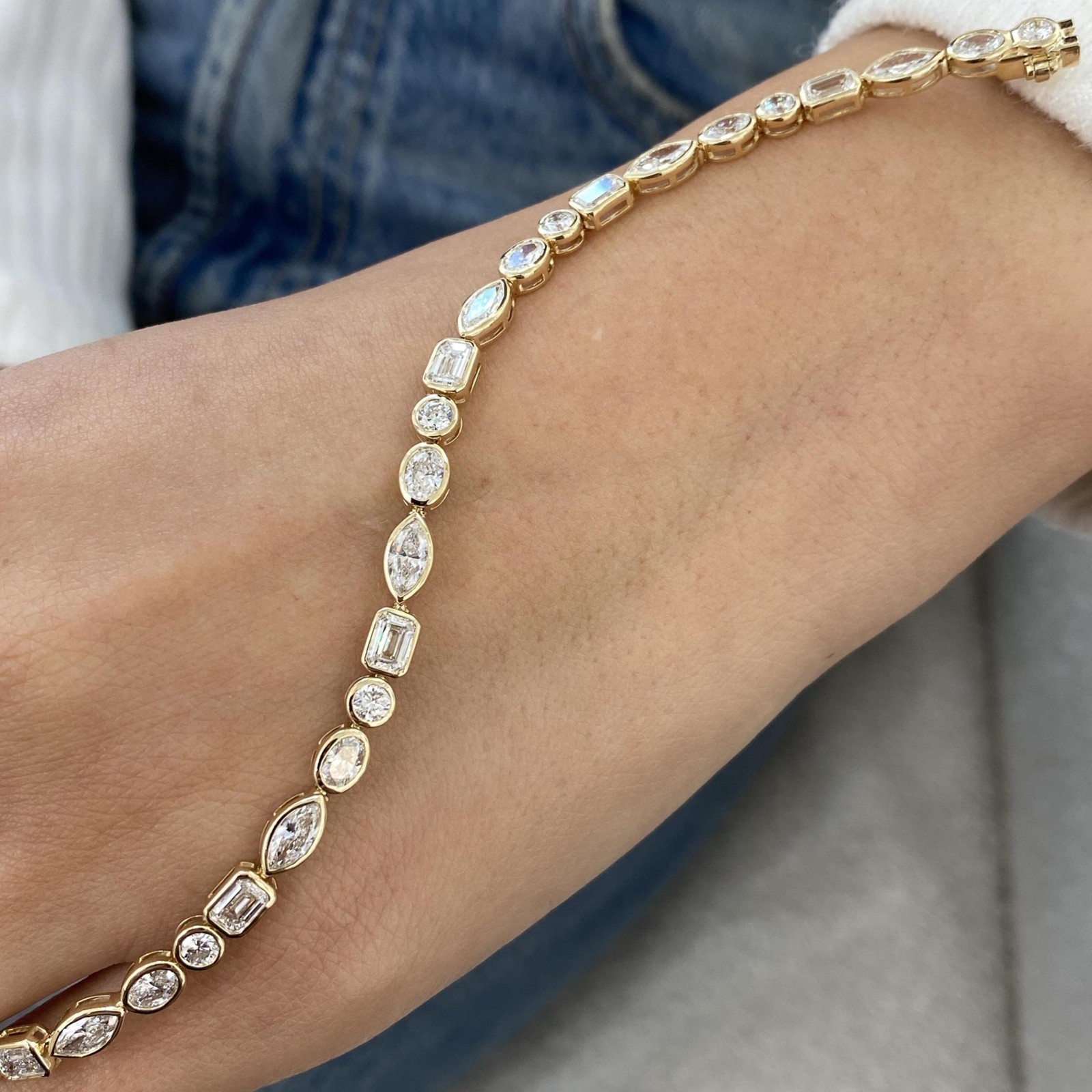 14k Solid Yellow Gold Lab Grown Diamond Multi Cut Bezel Style Tennis Bracelet