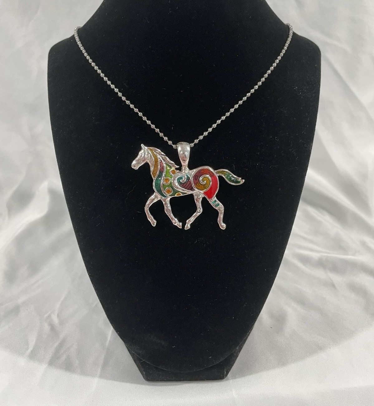 Silver Tone Horse Charm Pendant Necklace, Ball/Bead Chain, Multicolor Enamel