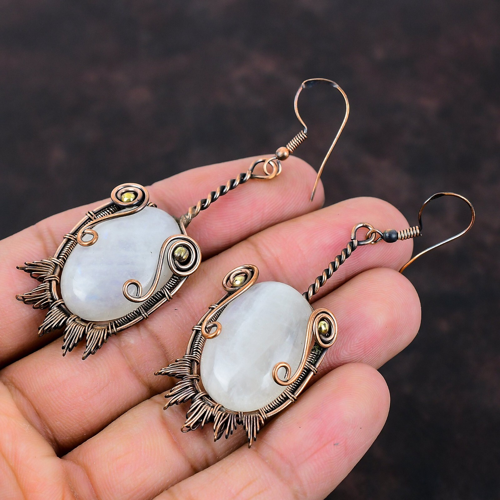 Rainbow Moonstone Copper Gift For Briedsmaid Wire Wrapped Earrings 2.87″